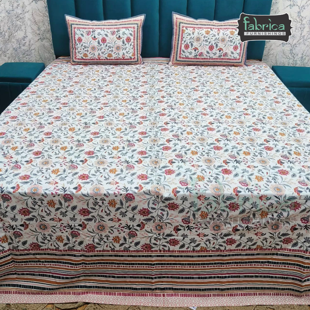 Sapphire Ethnic Printed Pure Cotton Kingsize Bed Sheets With Quilted Pillow Cover