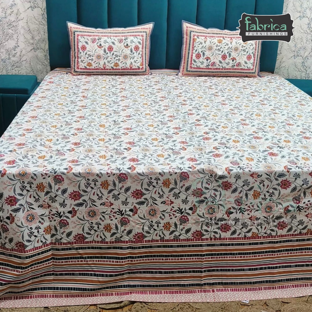 Sapphire Ethnic Printed Pure Cotton Kingsize Bed Sheets With Quilted Pillow Cover