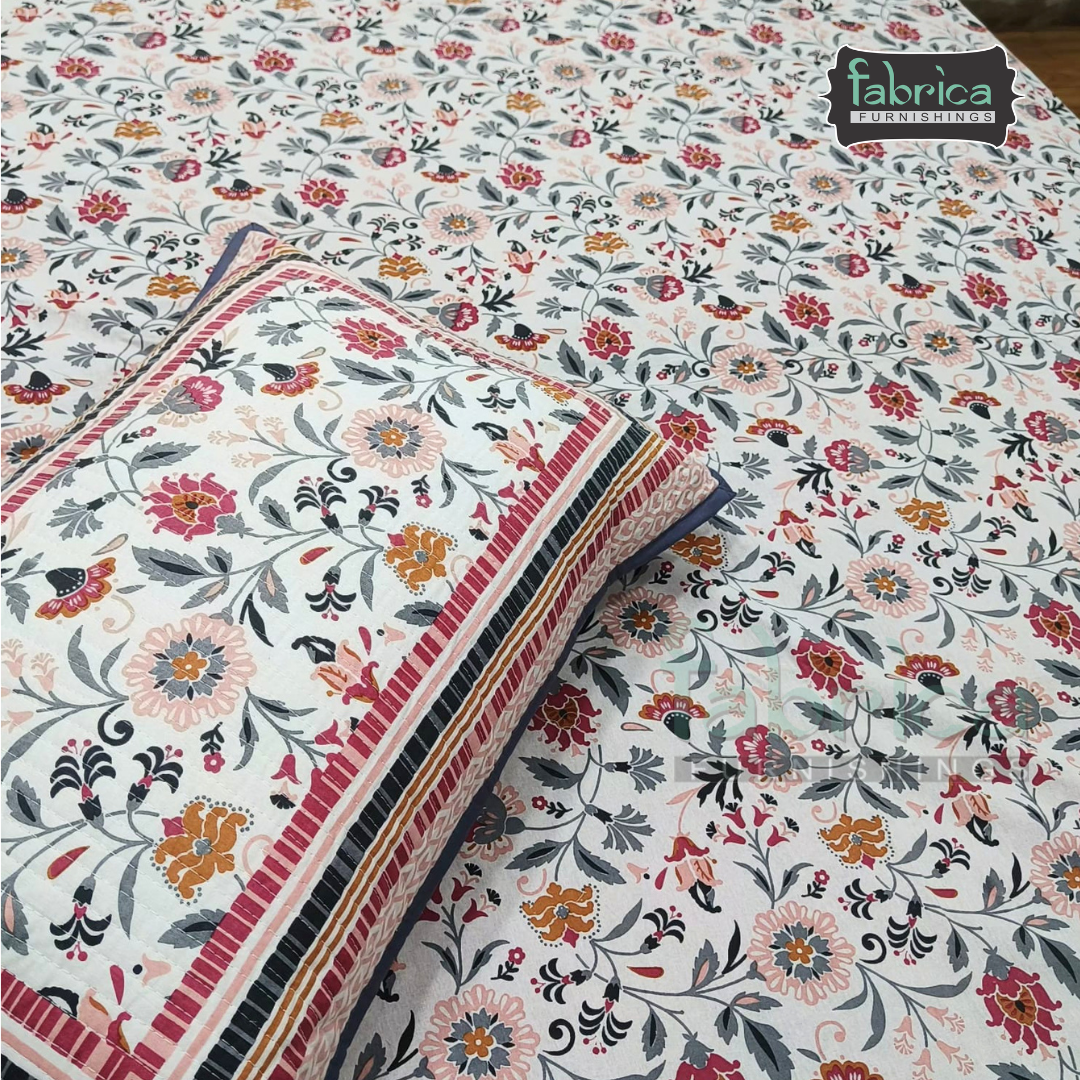 Sapphire Ethnic Printed Pure Cotton Kingsize Bed Sheets With Quilted Pillow Cover