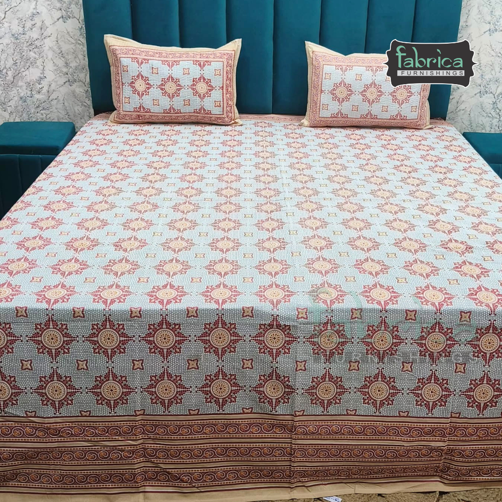 Sapphire Ethnic Printed Pure Cotton Kingsize Bed Sheets With Quilted Pillow Cover