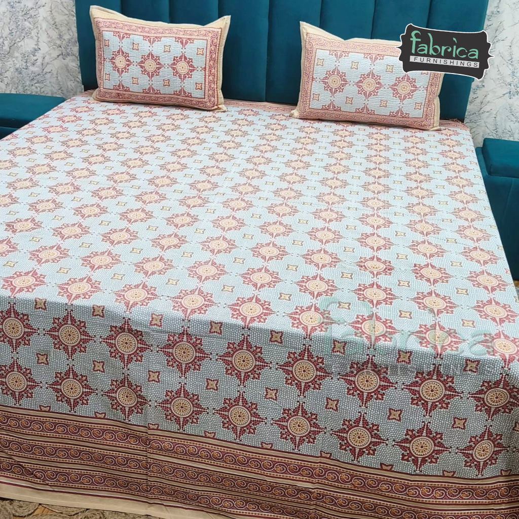 Sapphire Ethnic Printed Pure Cotton Kingsize Bed Sheets With Quilted Pillow Cover