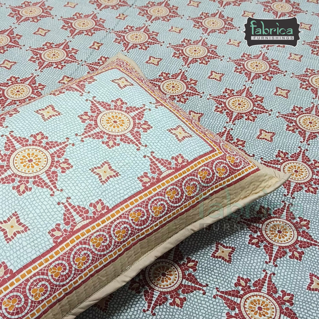 Sapphire Ethnic Printed Pure Cotton Kingsize Bed Sheets With Quilted Pillow Cover