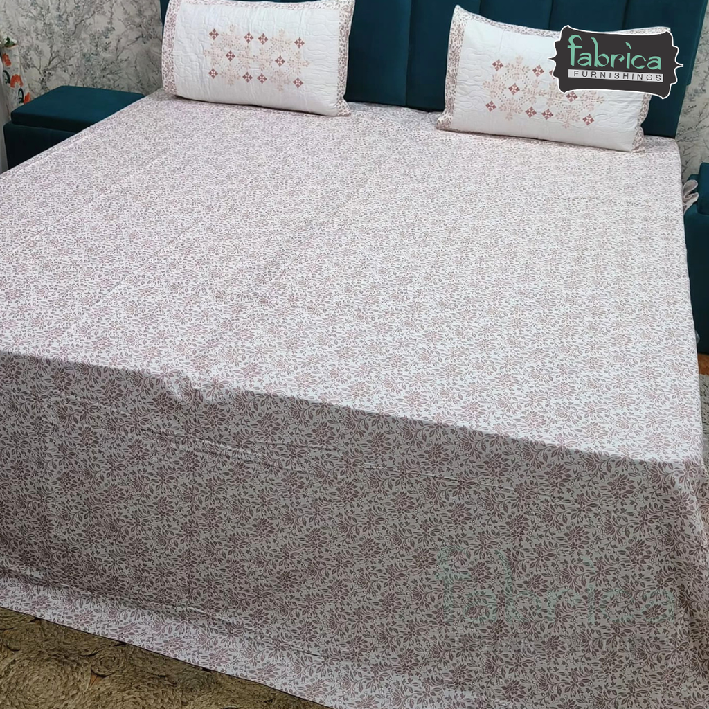Fabrica Signature Pure Cotton King Size Printed Bedsheet with Quilted pillow covers