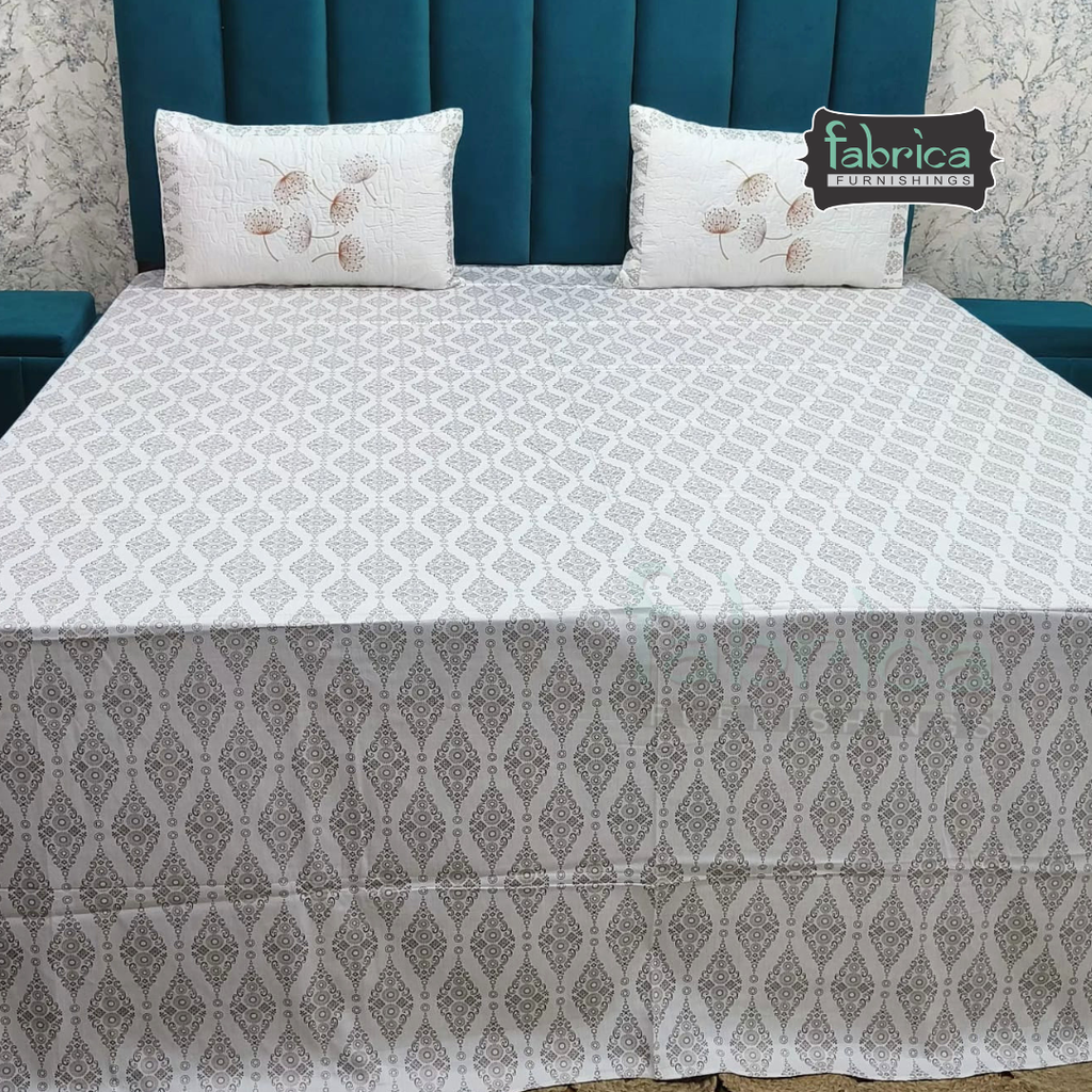 Fabrica Signature Pure Cotton King Size Printed Bedsheet with Quilted pillow covers