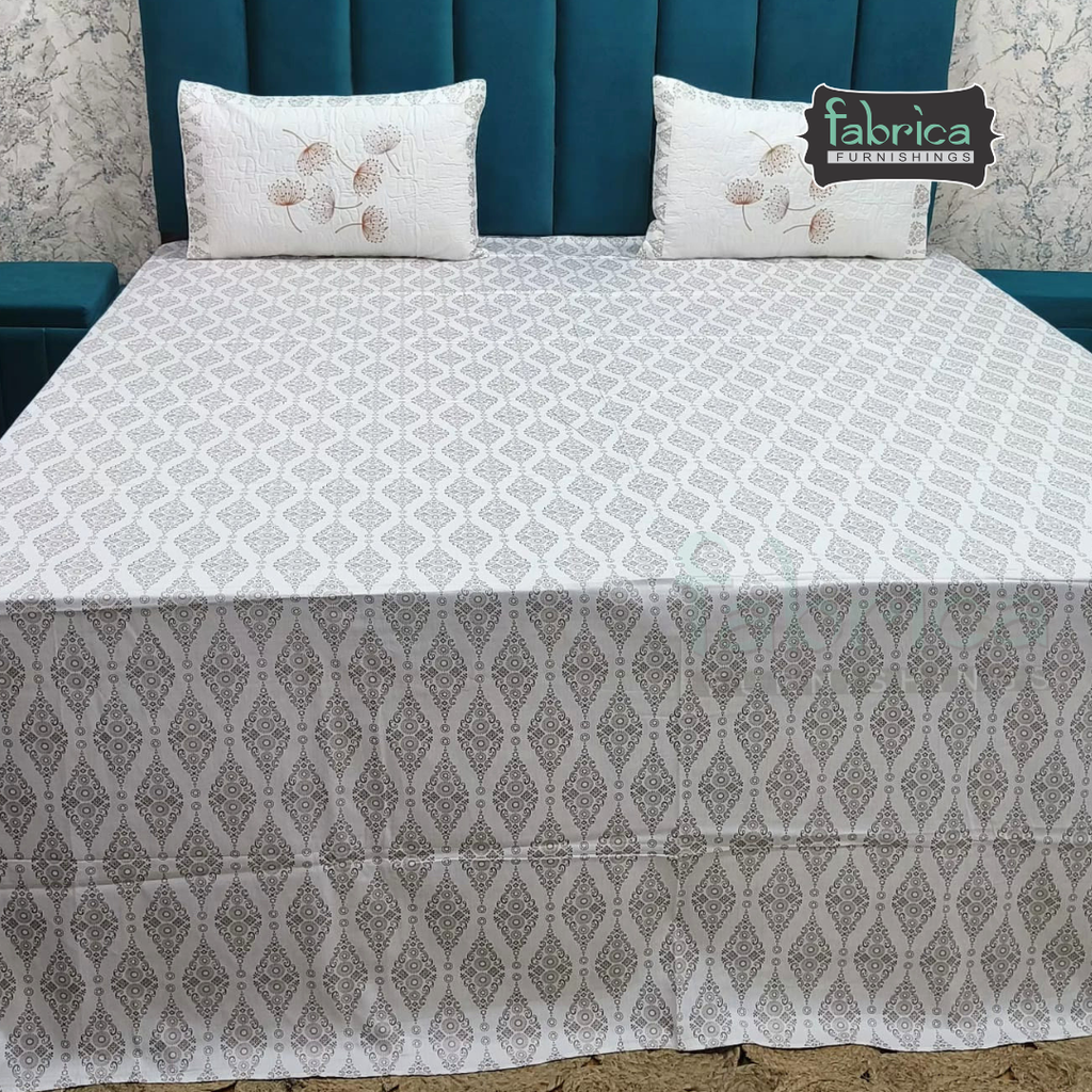Fabrica Signature Pure Cotton King Size Printed Bedsheet with Quilted pillow covers