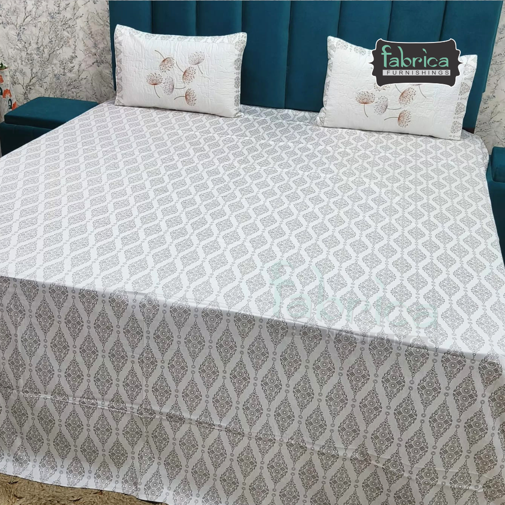 Fabrica Signature Pure Cotton King Size Printed Bedsheet with Quilted pillow covers
