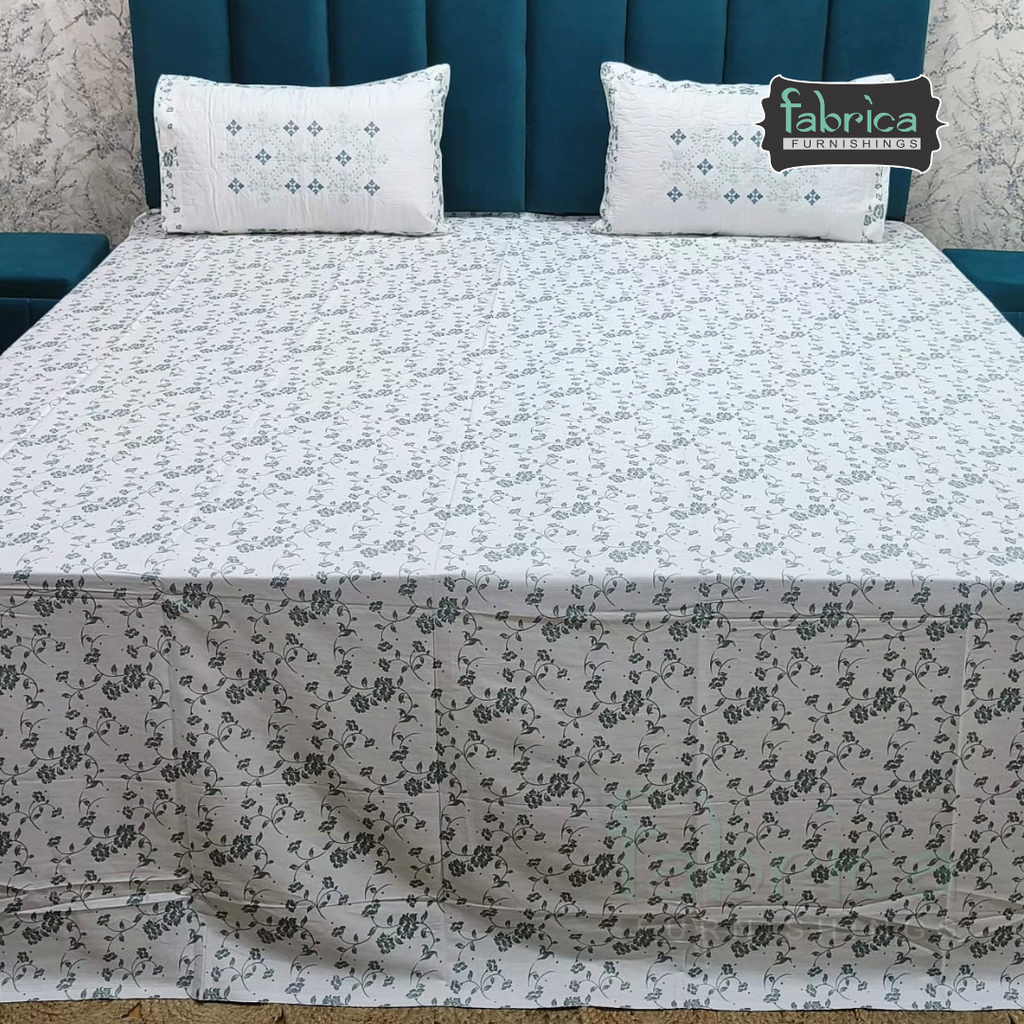 Fabrica Signature Pure Cotton King Size Printed Bedsheet with Quilted pillow covers