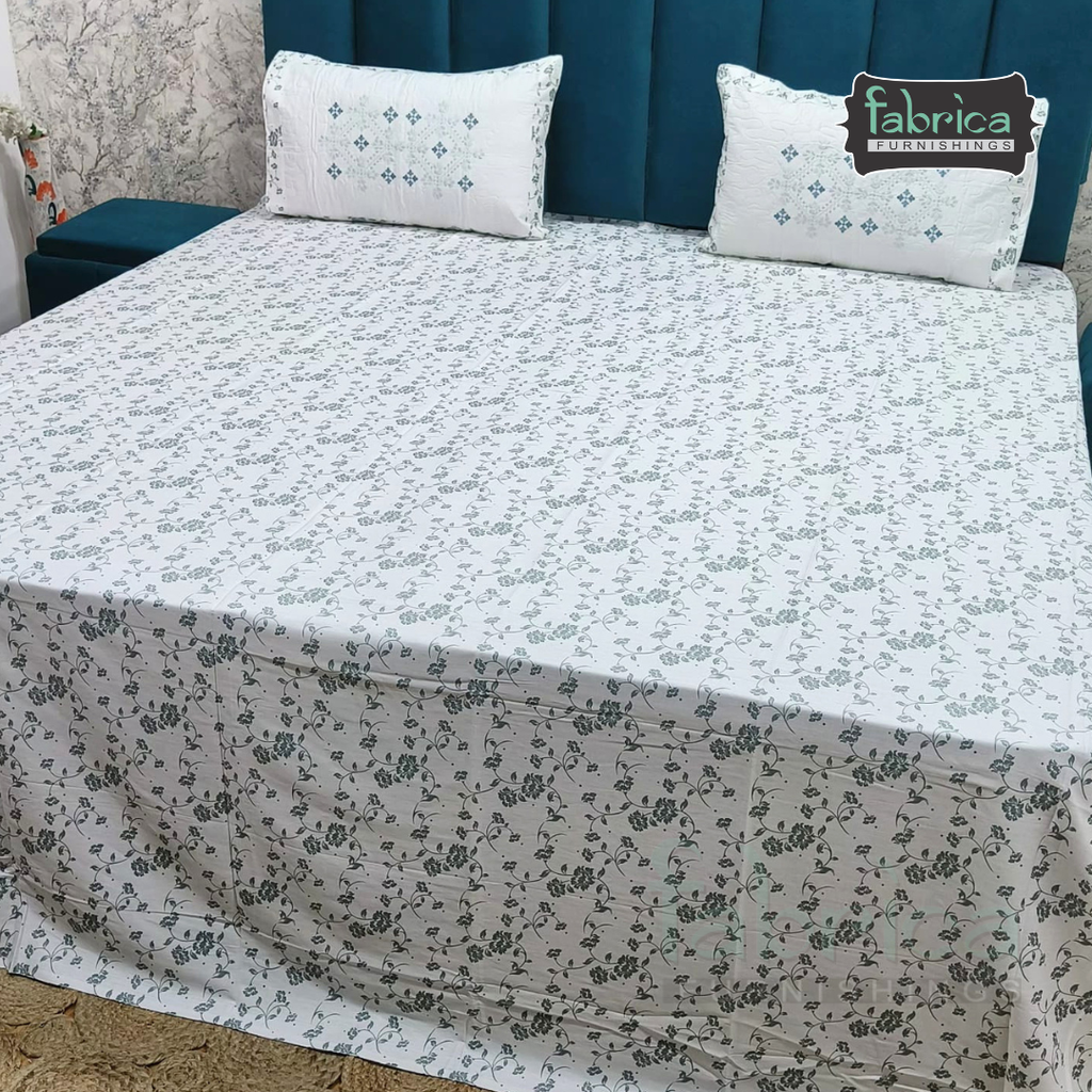 Fabrica Signature Pure Cotton King Size Printed Bedsheet with Quilted pillow covers