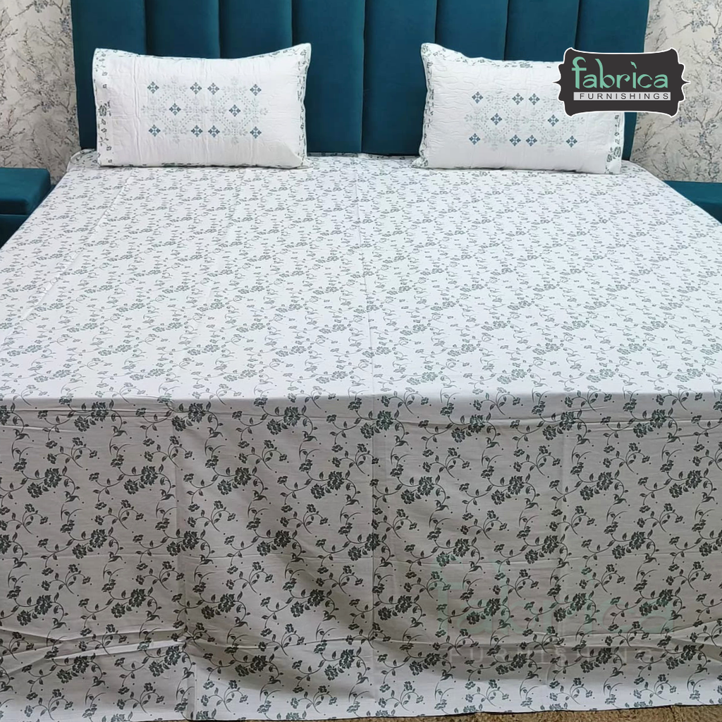 Fabrica Signature Pure Cotton King Size Printed Bedsheet with Quilted pillow covers