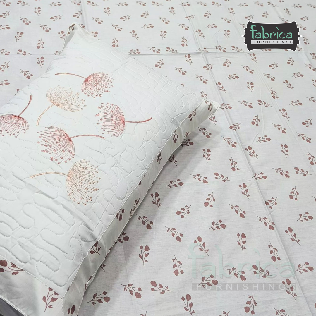 Fabrica Signature Pure Cotton King Size Printed Bedsheet with Quilted pillow covers