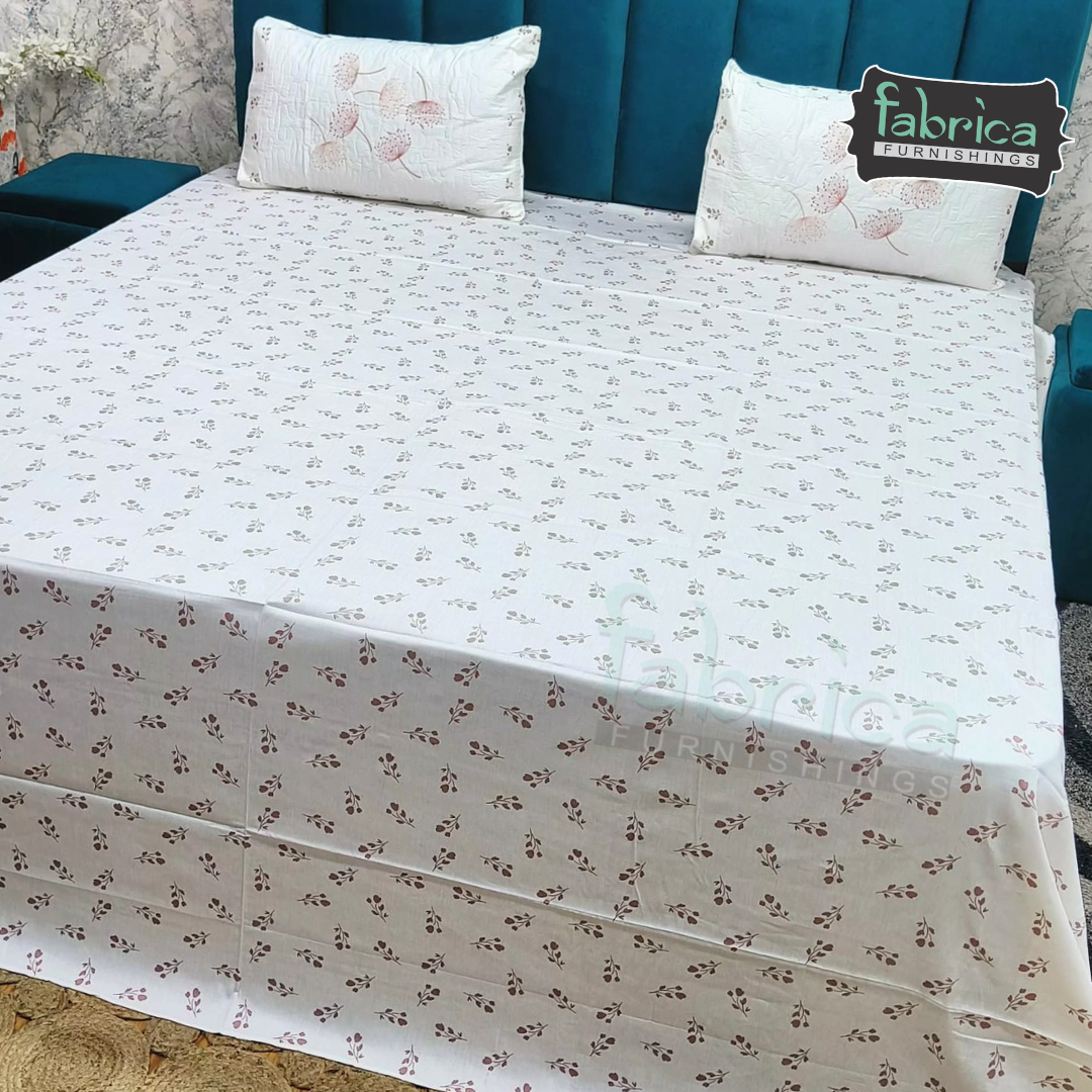Fabrica Signature Pure Cotton King Size Printed Bedsheet with Quilted pillow covers