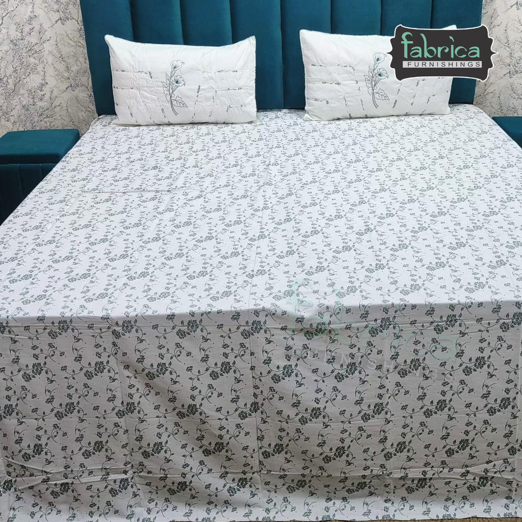 Fabrica Signature Pure Cotton King Size Printed Bedsheet with Quilted pillow covers