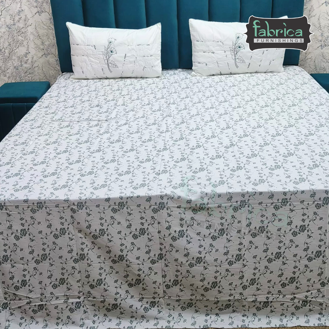 Fabrica Signature Pure Cotton King Size Printed Bedsheet with Quilted pillow covers