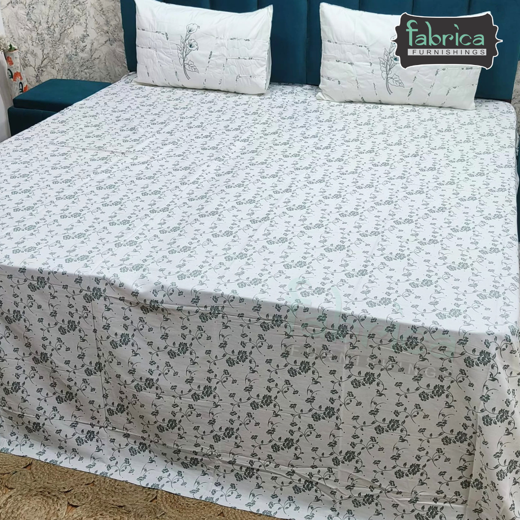 Fabrica Signature Pure Cotton King Size Printed Bedsheet with Quilted pillow covers