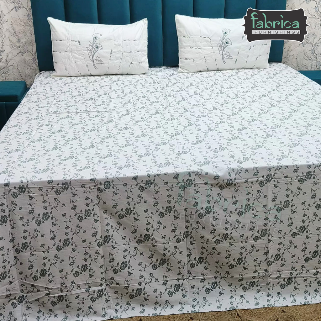 Fabrica Signature Pure Cotton King Size Printed Bedsheet with Quilted pillow covers