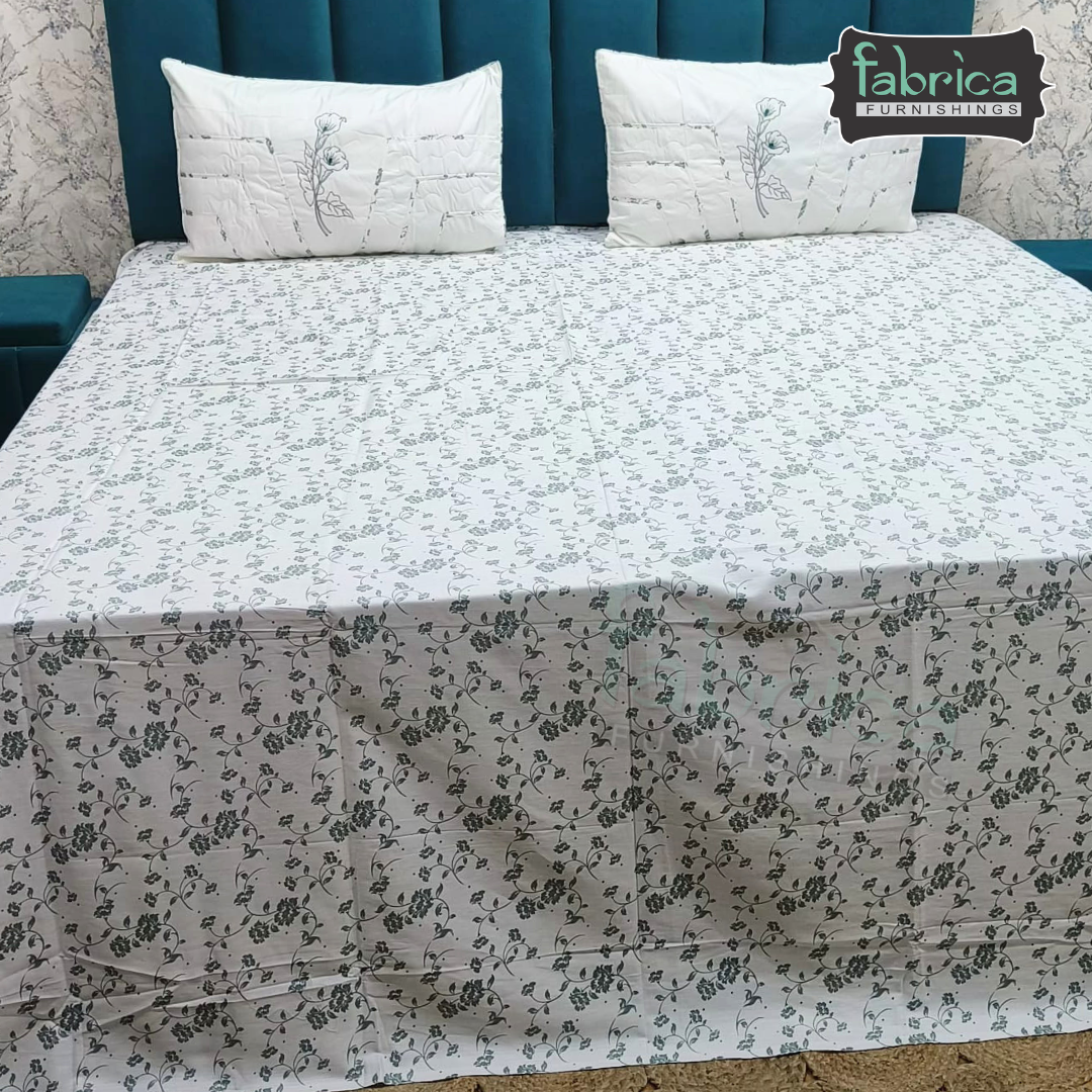 Fabrica Signature Pure Cotton King Size Printed Bedsheet with Quilted pillow covers