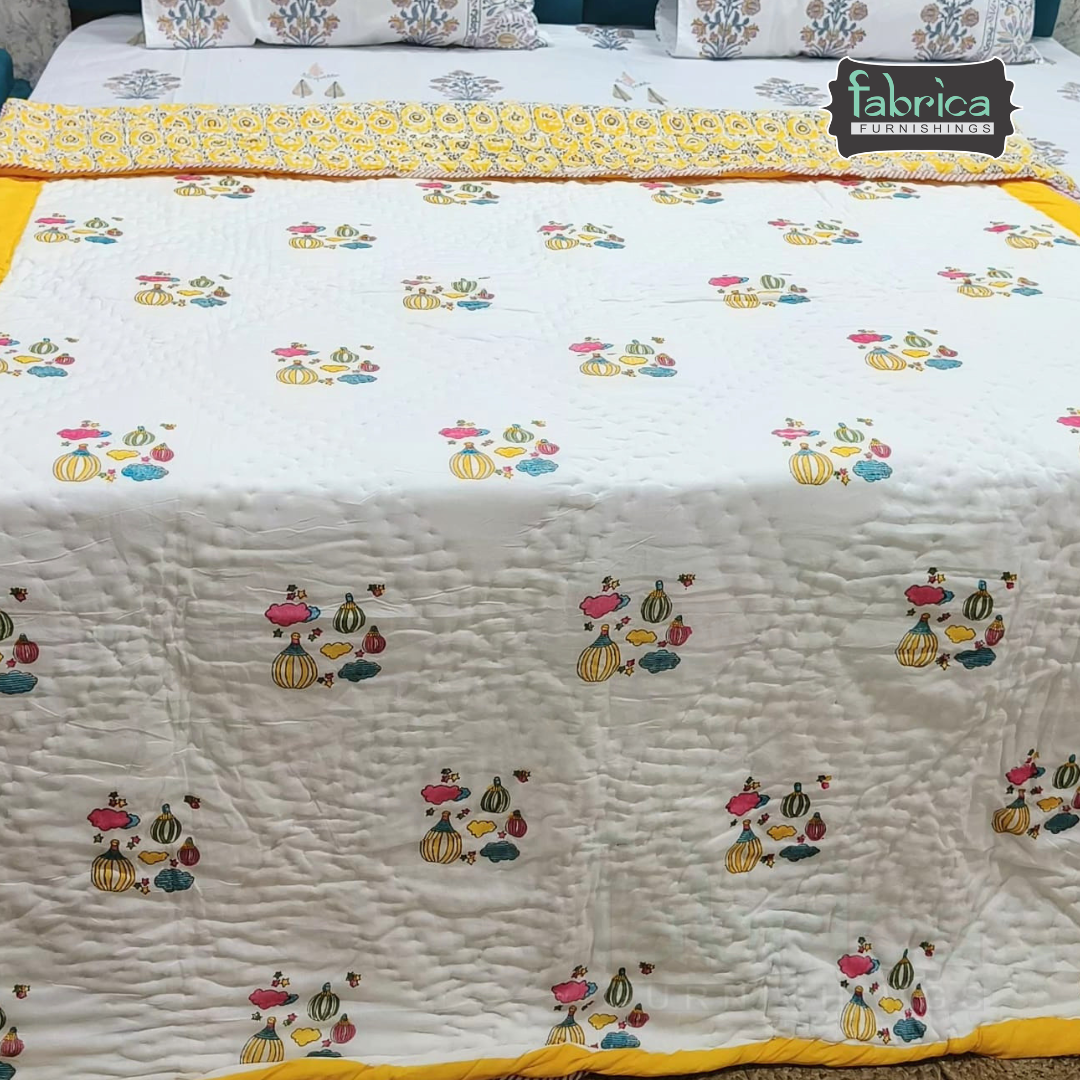 Cuddle Clouds Handblock Printed Single Bed Ac Mul-Mul Quilt
