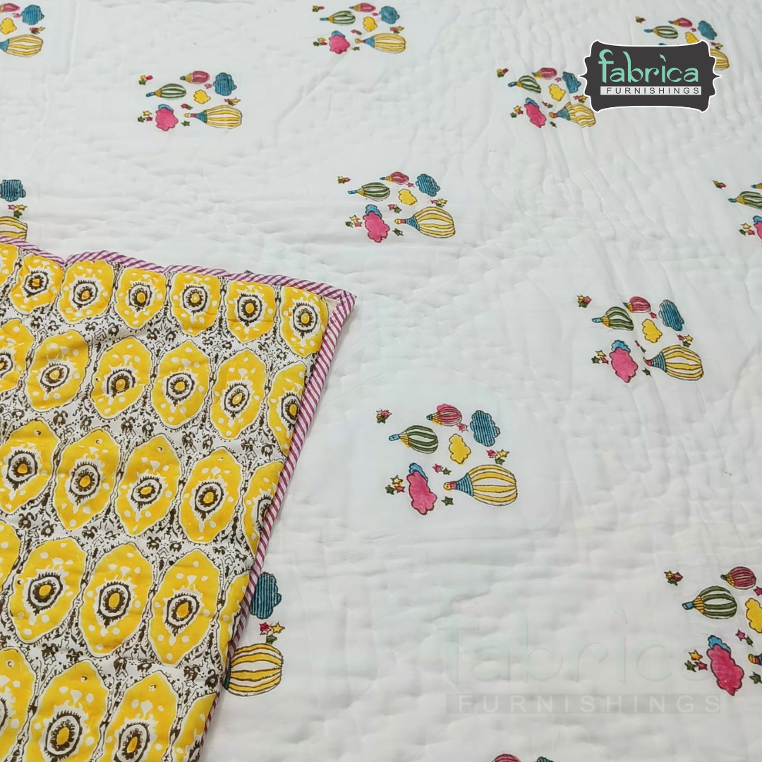 Cuddle Clouds Handblock Printed Single Bed Ac Mul-Mul Quilt