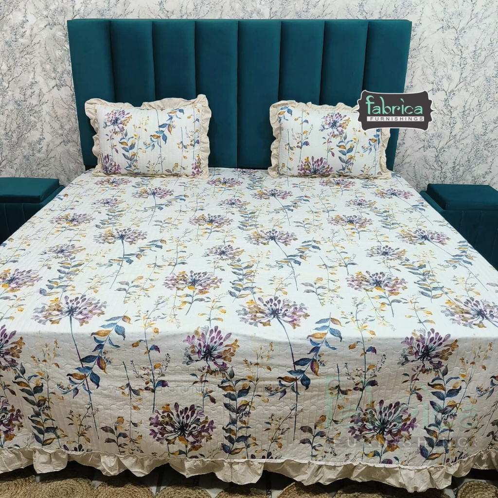 Florence Printed  King Size Pure Cotton Quilted Frill Work Bedcover