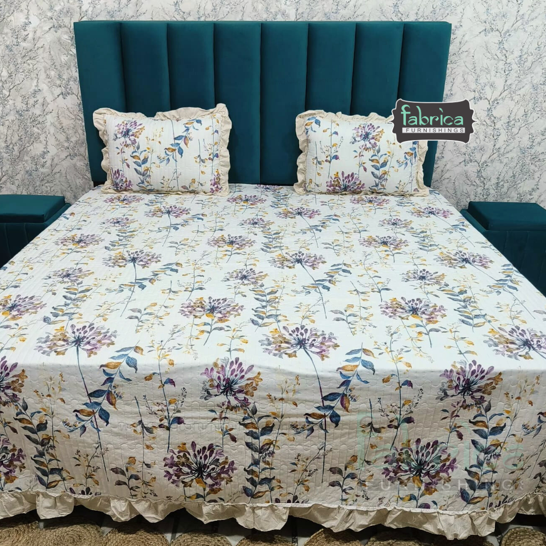 Florence Printed  King Size Pure Cotton Quilted Frill Work Bedcover
