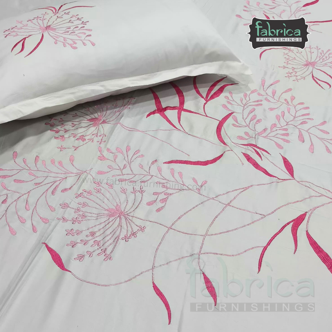 Ivory bloom Designer Pure Cotton Kingsize Embroidered Bedsheet