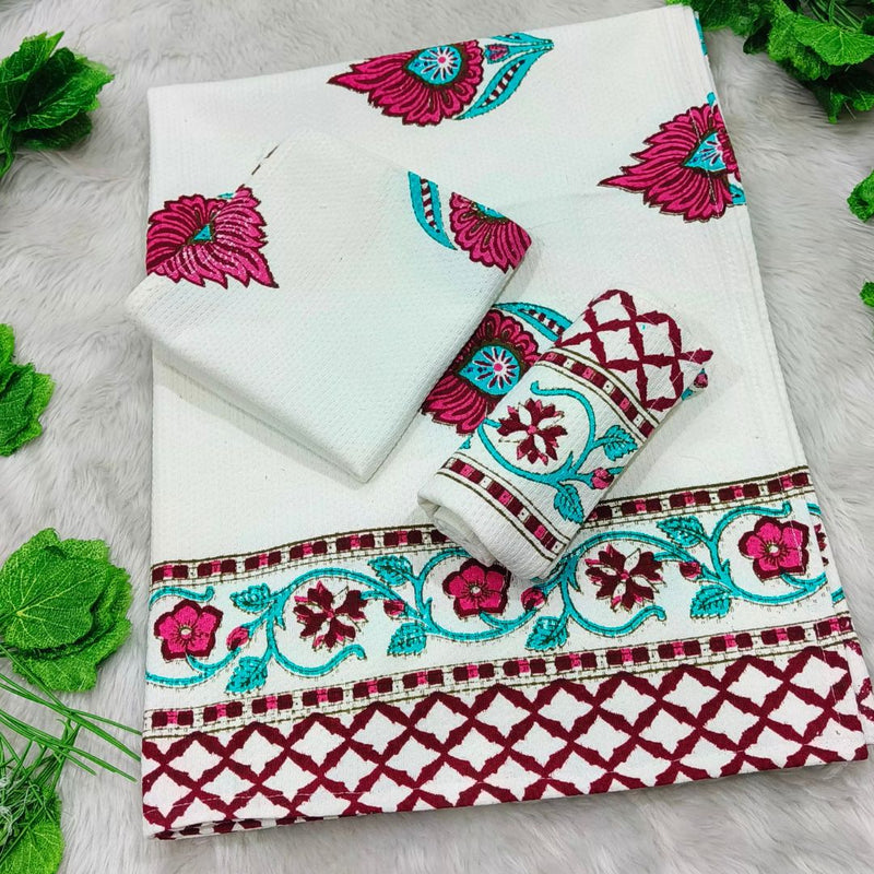 Waffle Handblock Printed Pure Cotton Bath & Hand Towels