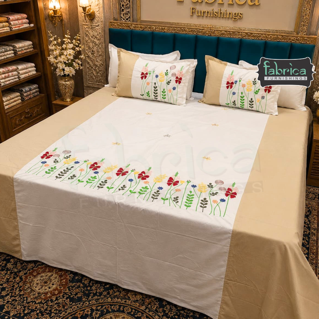 Shahi karigari Pure Cotton Designer Kingsize Embroidered Bedsheet