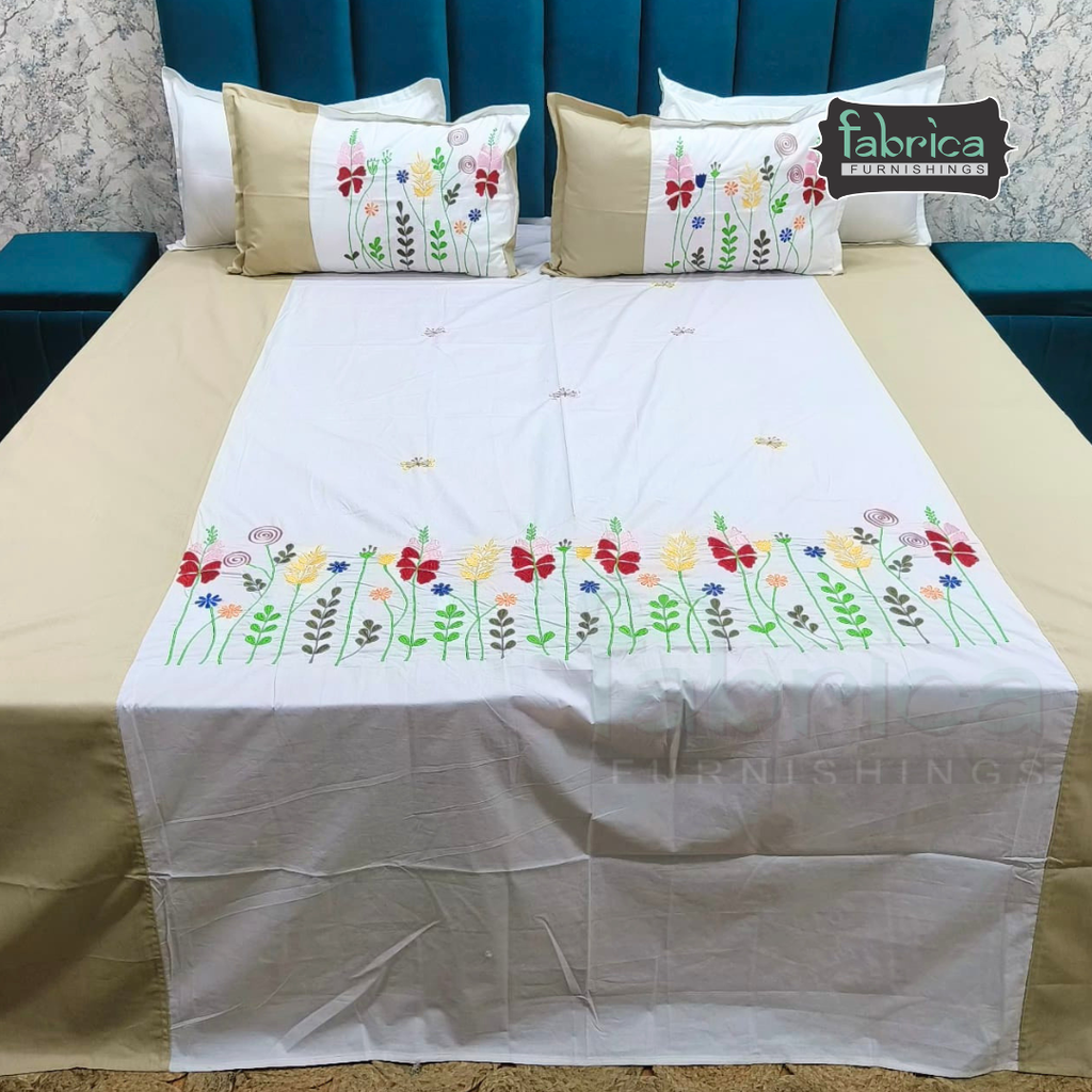 Shahi karigari Pure Cotton Designer Kingsize Embroidered Bedsheet