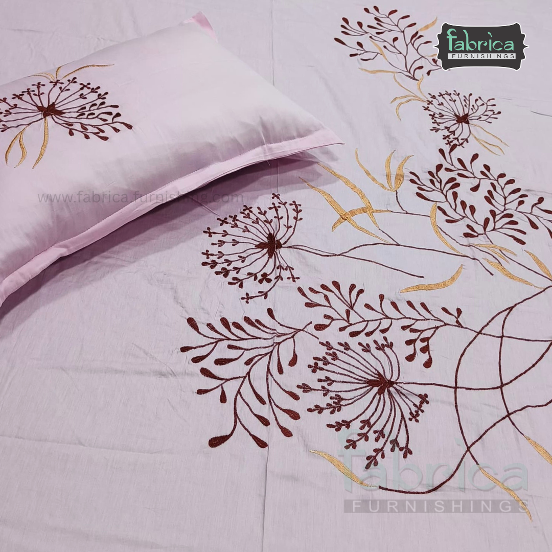 Ivory bloom Designer Pure Cotton Kingsize Embroidered Bedsheet