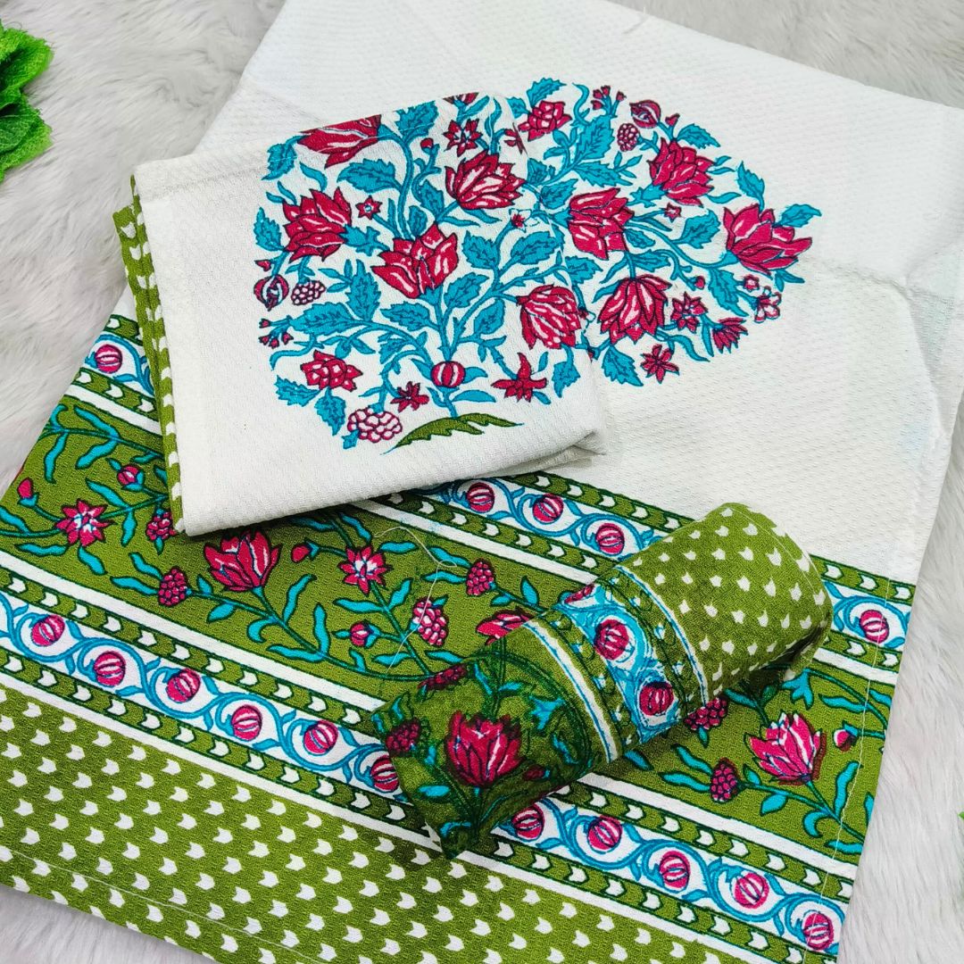 Waffle Handblock Printed Pure Cotton Bath & Hand Towels