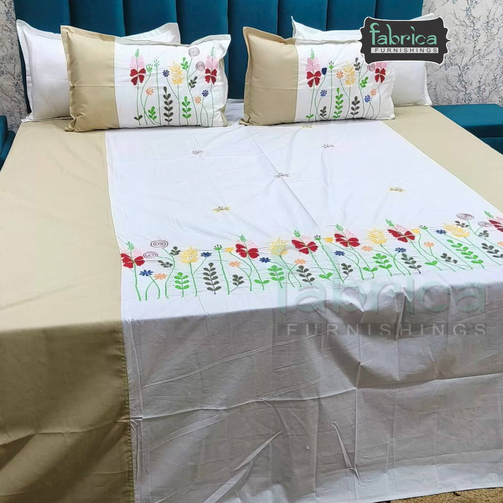 Shahi karigari Pure Cotton Designer Kingsize Embroidered Bedsheet