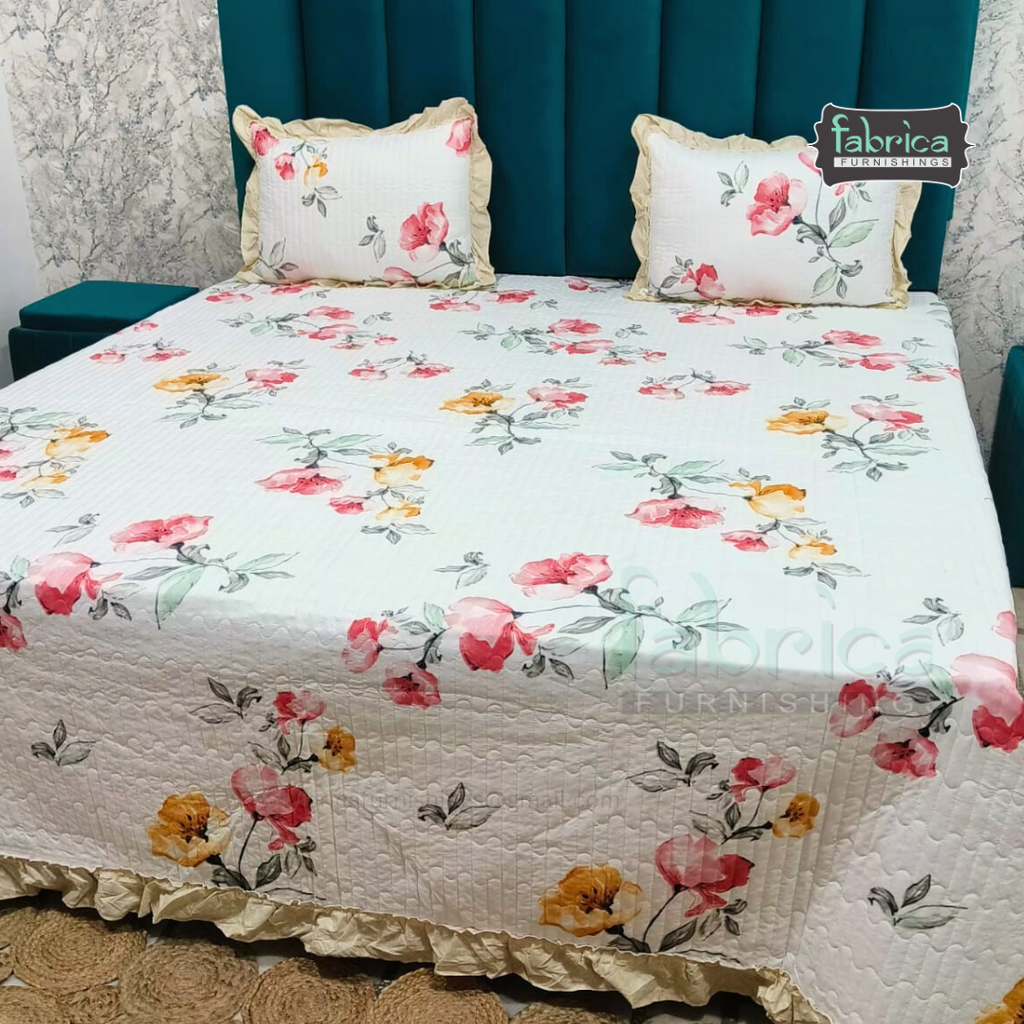 Florence Printed  King Size Pure Cotton Quilted Frill Work Bedcover