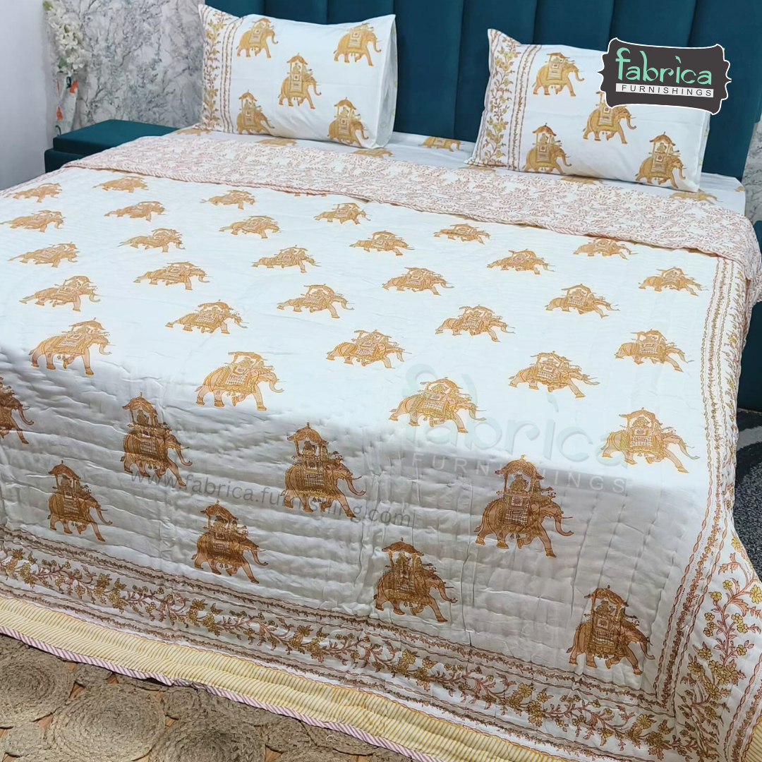 Rajwadi Gaj Motif Handblock Art Mul Cotton 4 Piece Bedding Set