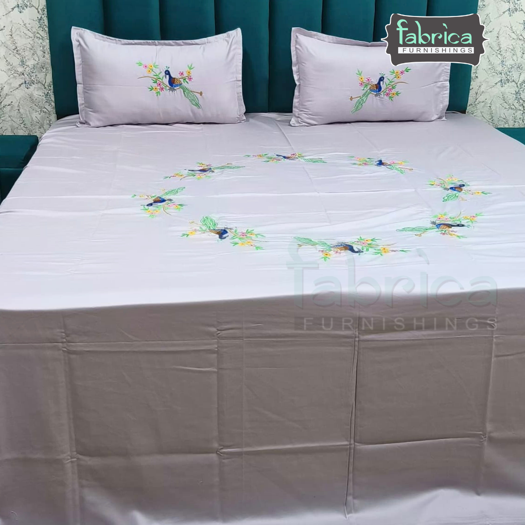 Ivory bloom Designer Pure Cotton Kingsize Embroidered Bedsheet
