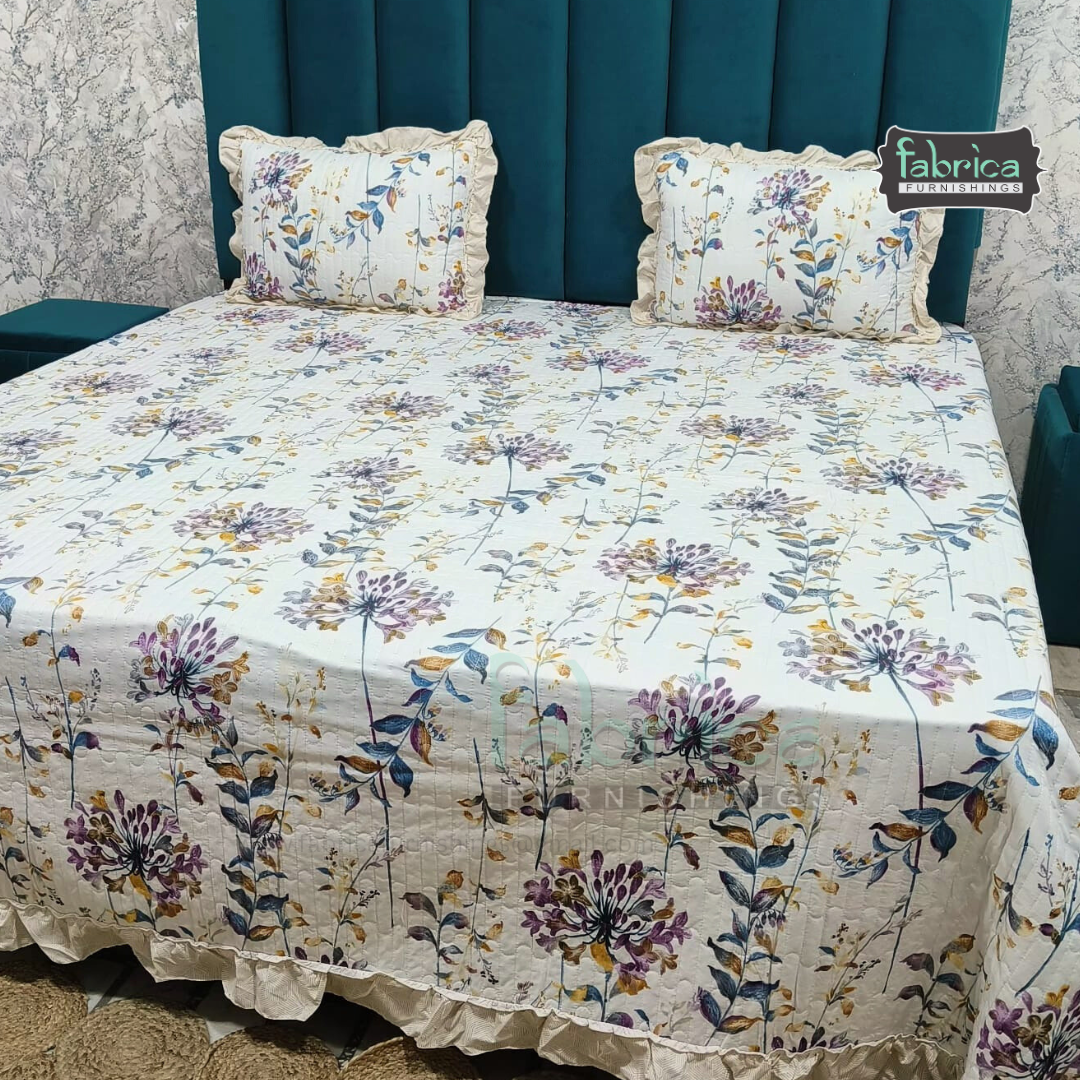 Florence Printed  King Size Pure Cotton Quilted Frill Work Bedcover