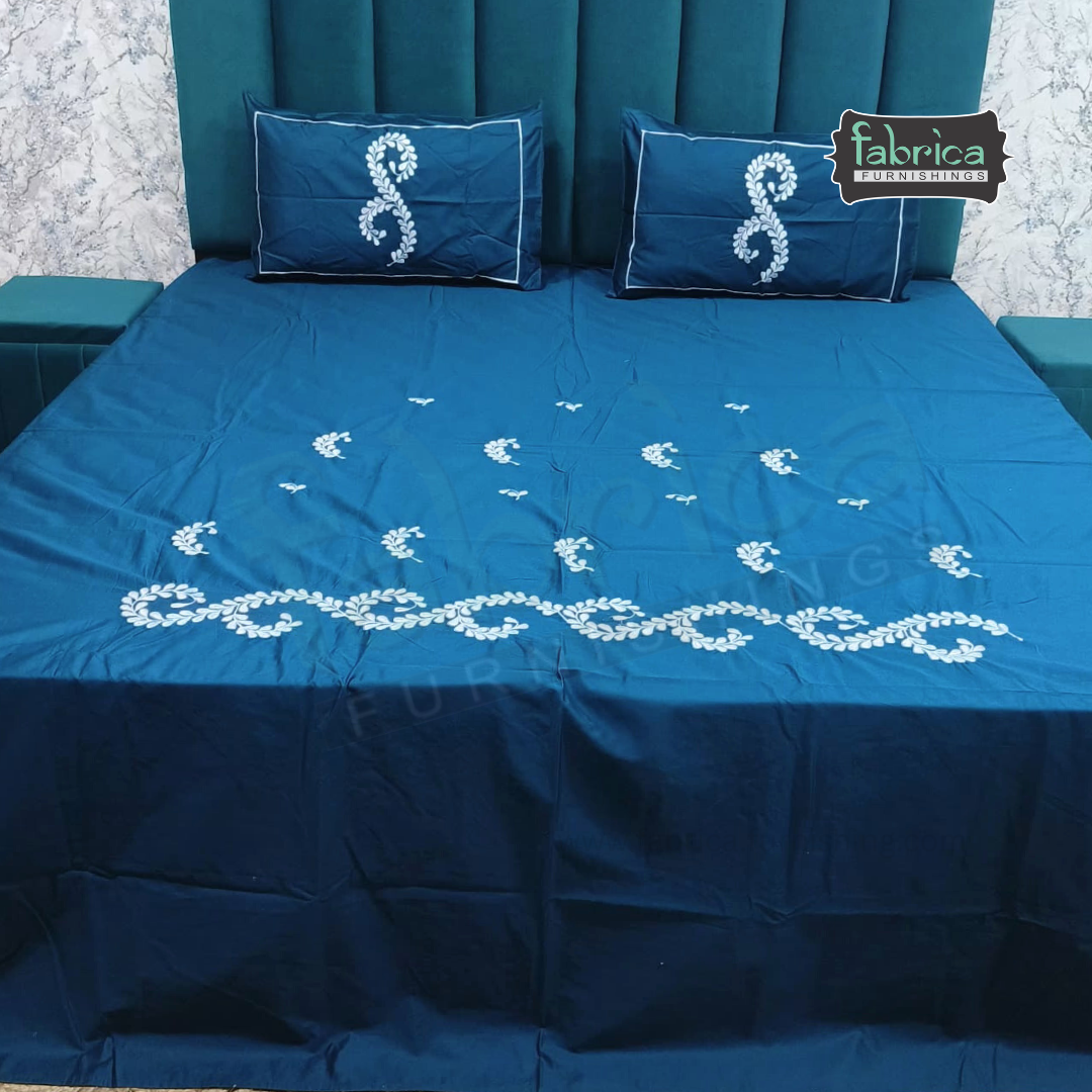 Ivory bloom Designer Pure Cotton Kingsize Embroidered Bedsheet