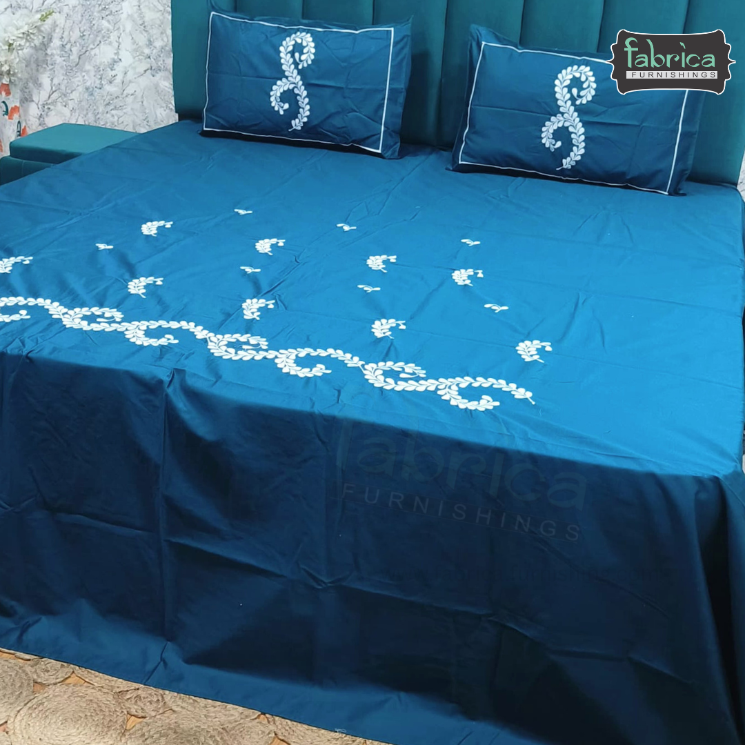 Ivory bloom Designer Pure Cotton Kingsize Embroidered Bedsheet