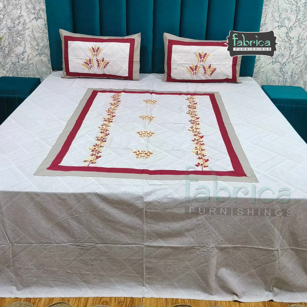 Ivory bloom Designer Pure Cotton Kingsize Embroidered Bedsheet