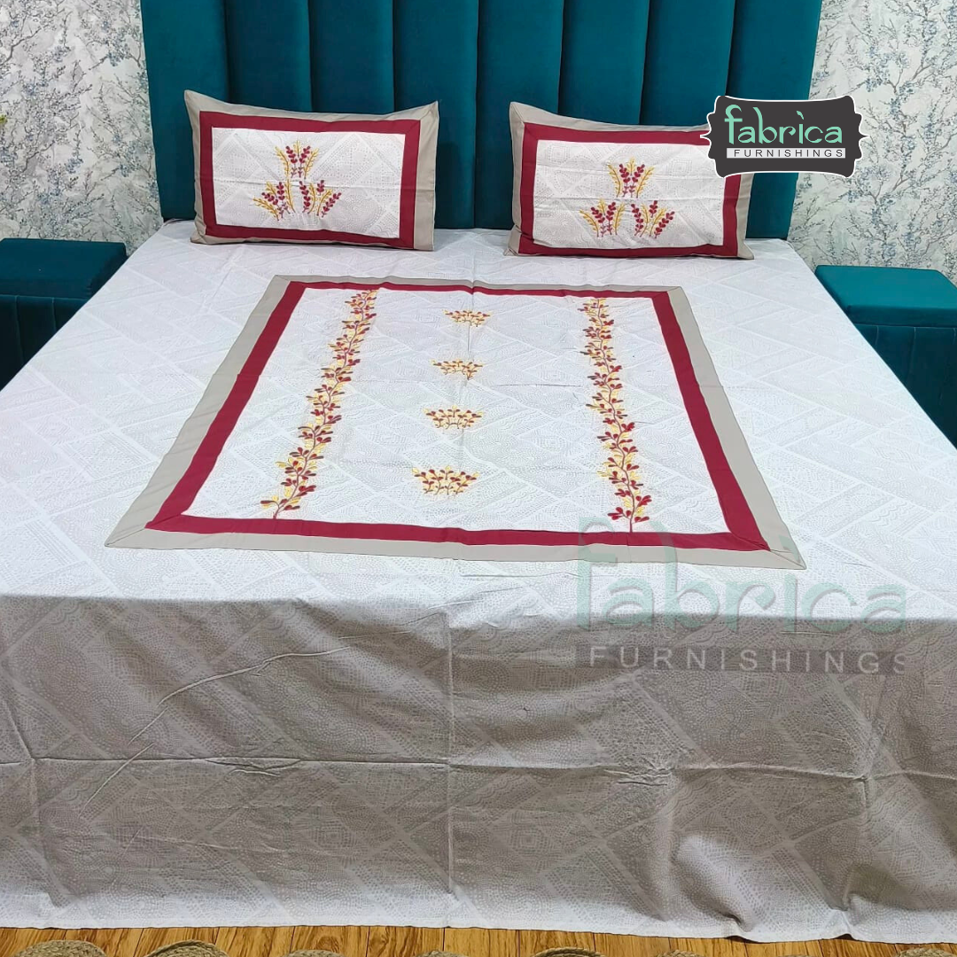 Ivory bloom Designer Pure Cotton Kingsize Embroidered Bedsheet