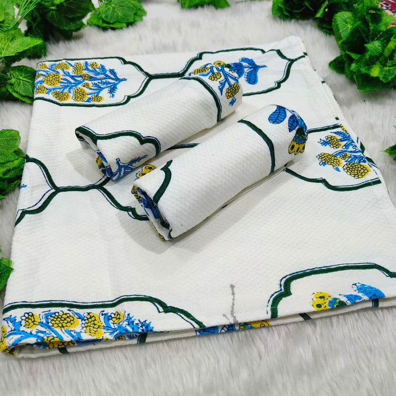 Waffle Handblock Printed Pure Cotton Bath & Hand Towels