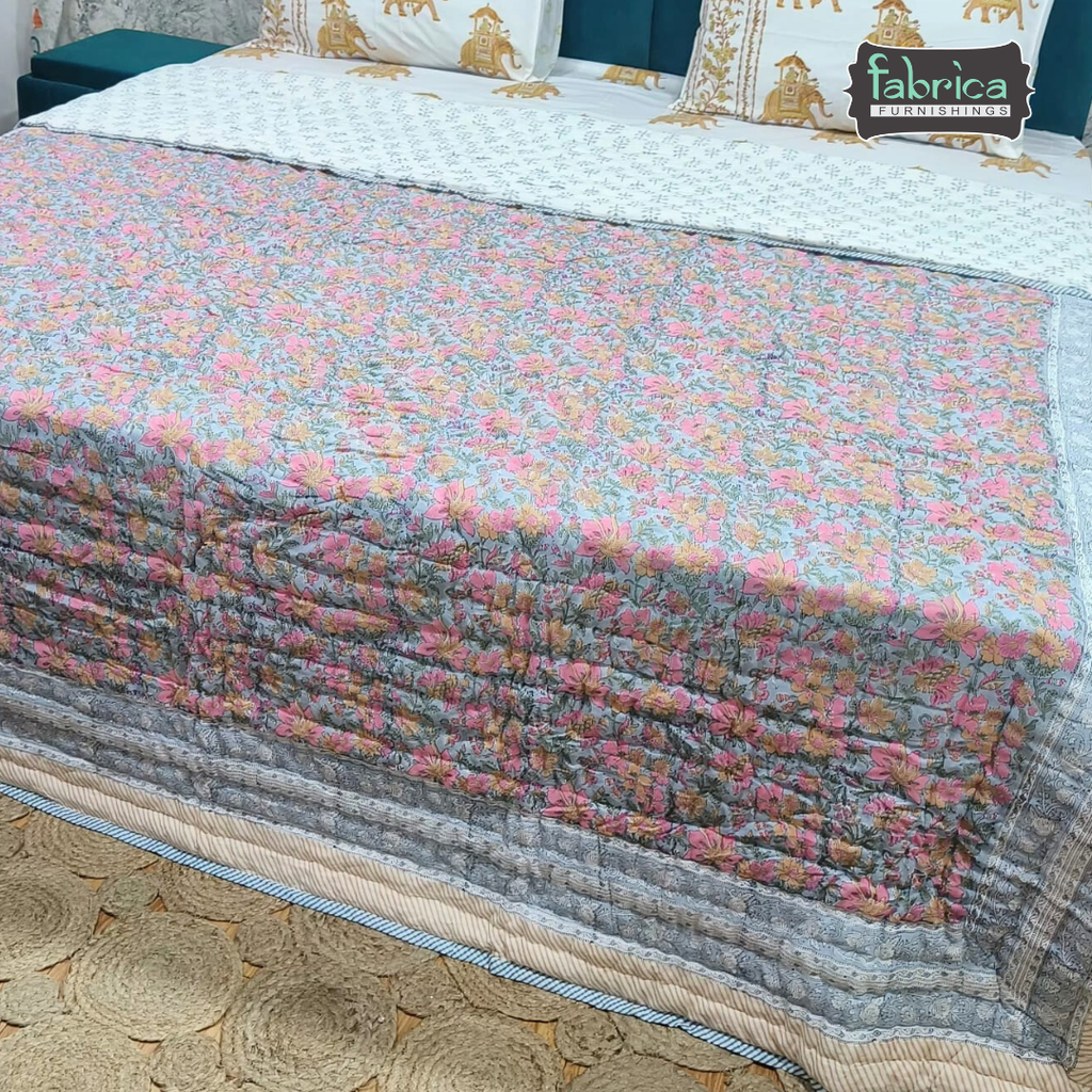 Rangoli Handblock Printed Pure Mul Cotton Reversible Quilts / Rajai