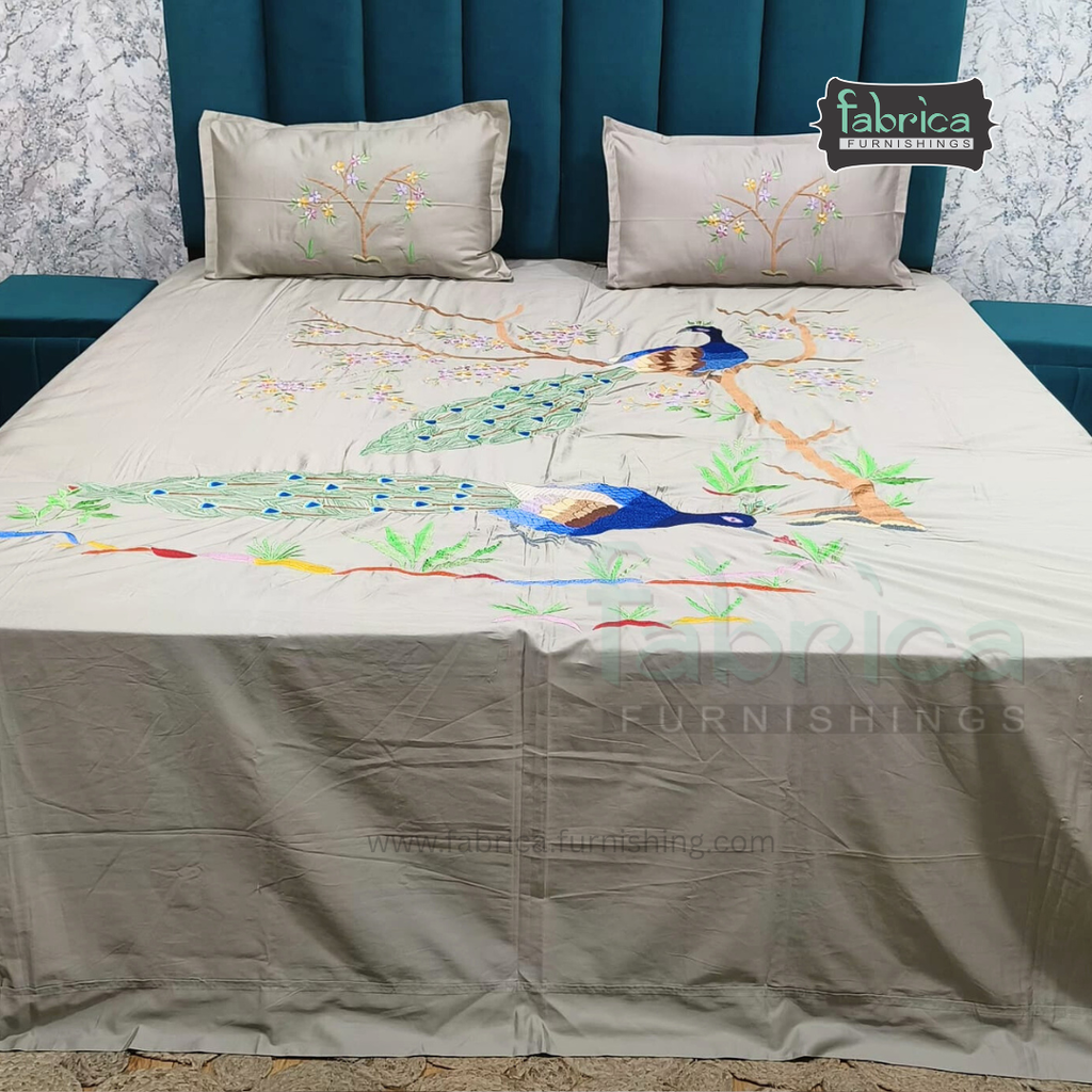 Peacock Embroidered Pure Cotton Designer King Size Bed Sheets