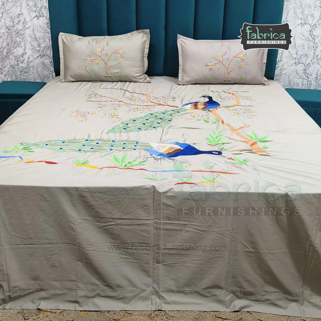 Peacock Embroidered Pure Cotton Designer King Size Bed Sheets