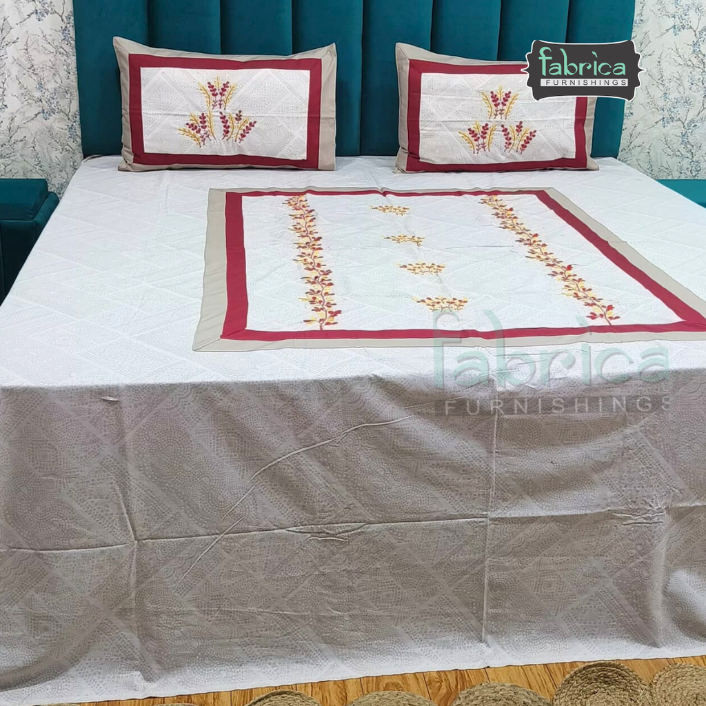 Ivory bloom Designer Pure Cotton Kingsize Embroidered Bedsheet