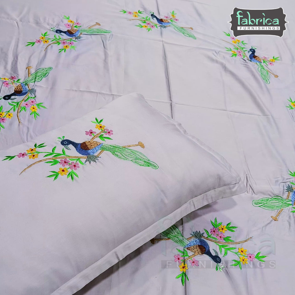 Ivory bloom Designer Pure Cotton Kingsize Embroidered Bedsheet