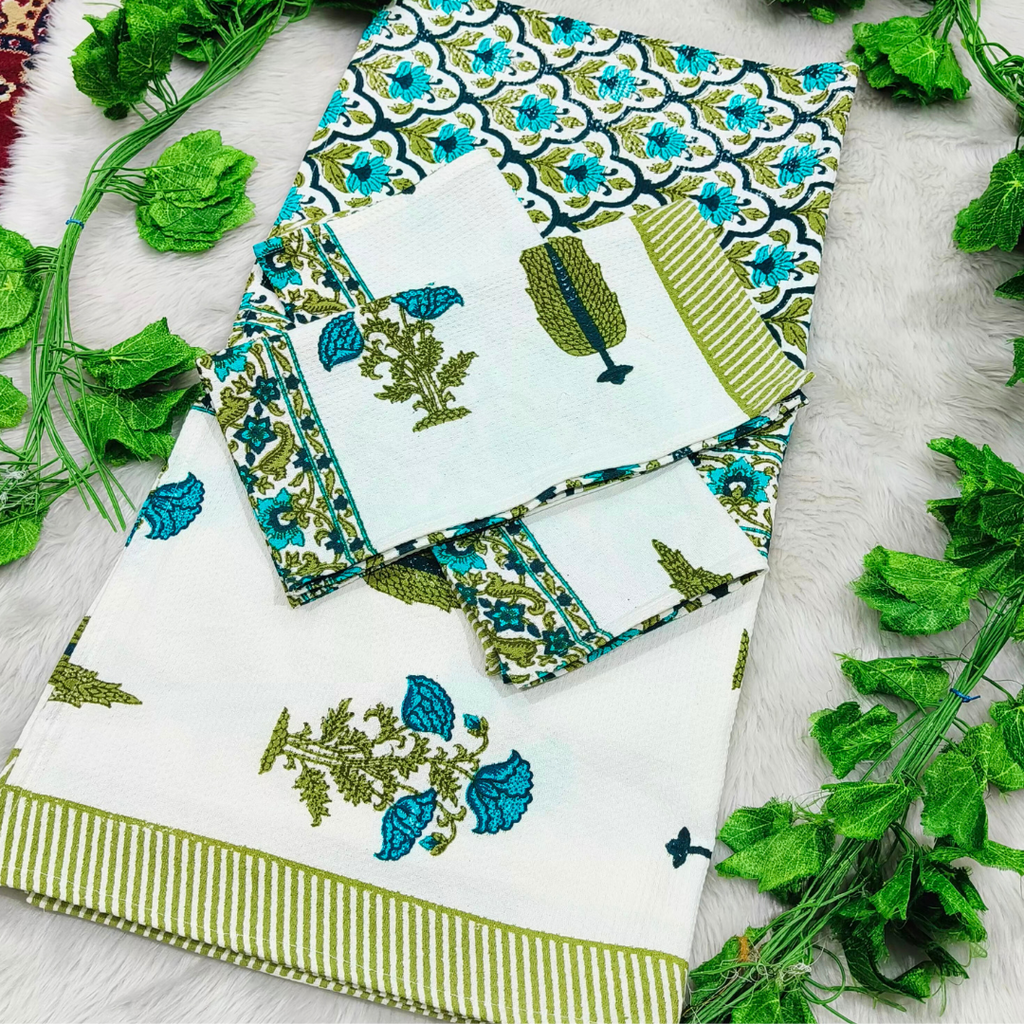 Waffle Handblock Printed Pure Cotton Bath & Hand Towels
