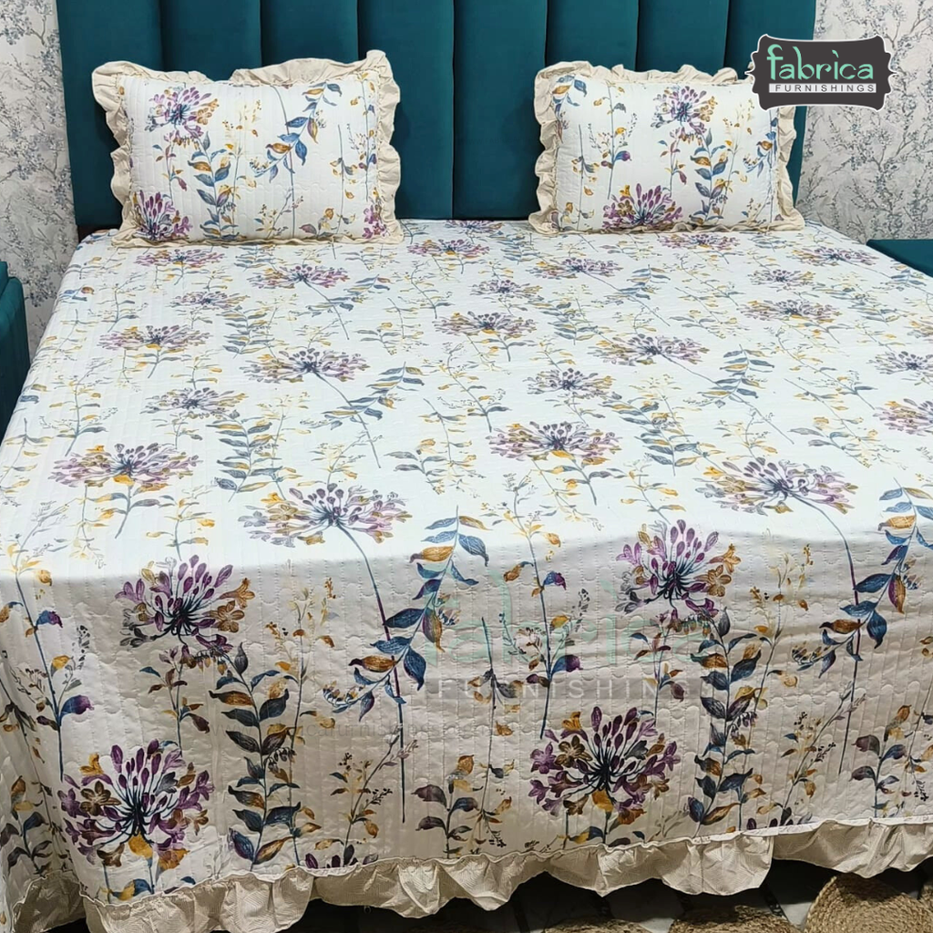 Florence Printed  King Size Pure Cotton Quilted Frill Work Bedcover