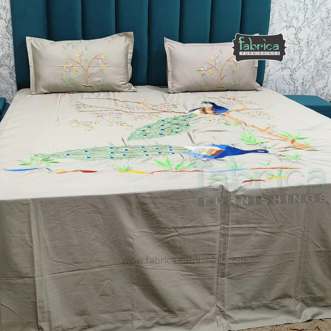 Peacock Embroidered Pure Cotton Designer King Size Bed Sheets