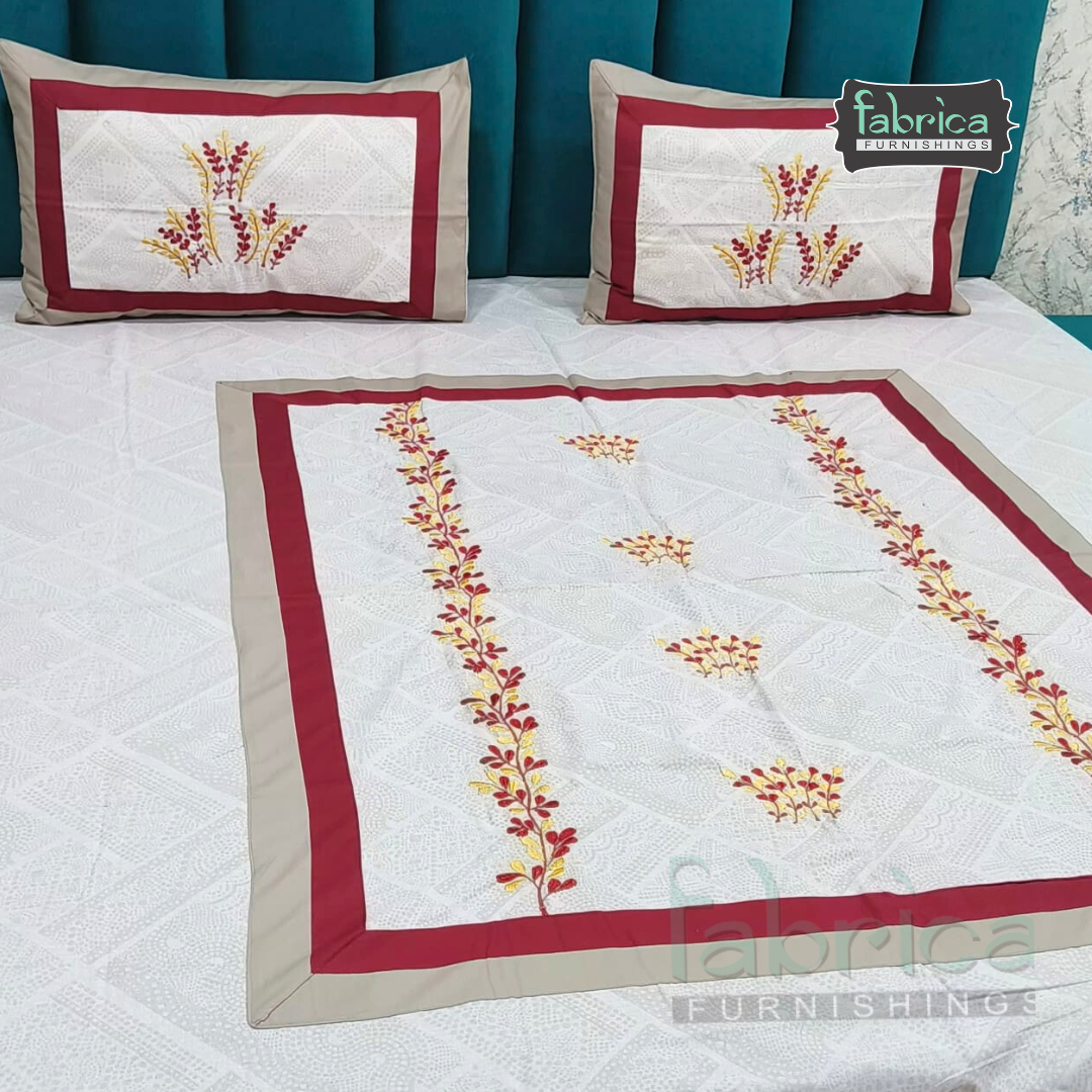 Ivory bloom Designer Pure Cotton Kingsize Embroidered Bedsheet