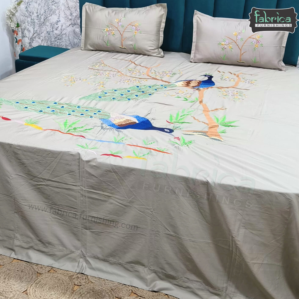 Peacock Embroidered Pure Cotton Designer King Size Bed Sheets